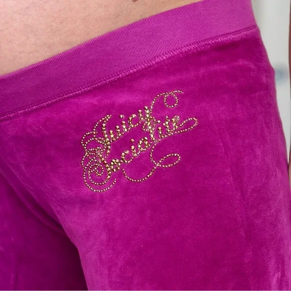 Vintage Y2K Juicy Couture Bling Velour Plush Tracksuit Pants - Size M - Magenta - Picture 3 of 8